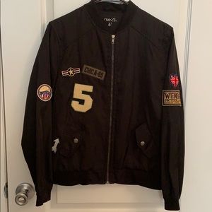 Rue 21 black bomber jacket with patches size M